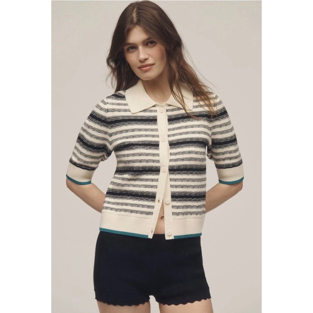 Maeve Anthropologie Striped Short Sleeve Polo Cardigan Cream Black Green XS NEW